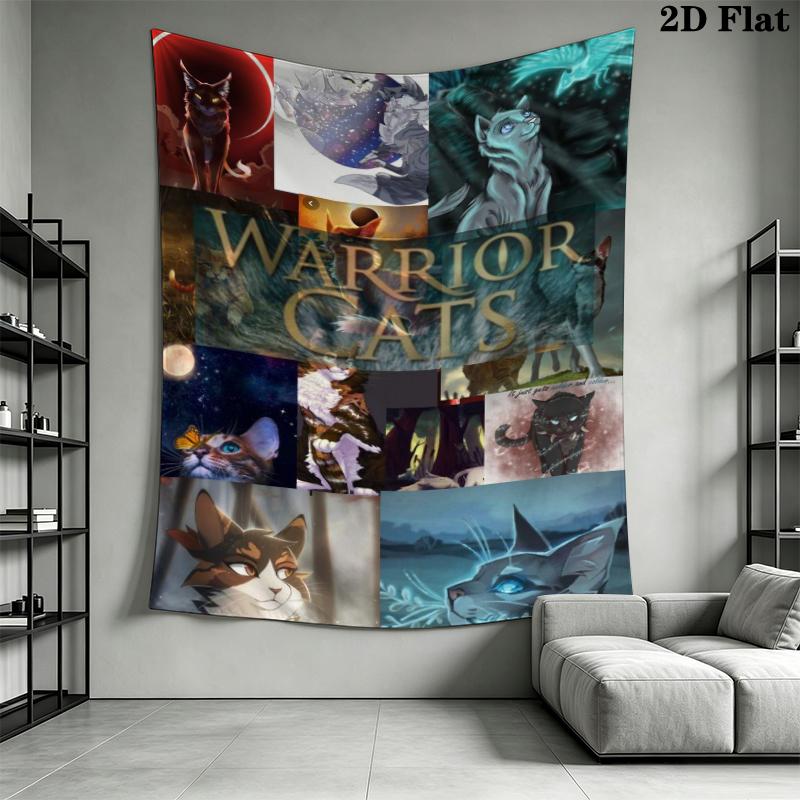 Cat Warrior Wall Tapestry Aesthetic Wall Hanging Printed Fabric Blanket Decorative Tapestries for Bedroom Living Room Home Decor