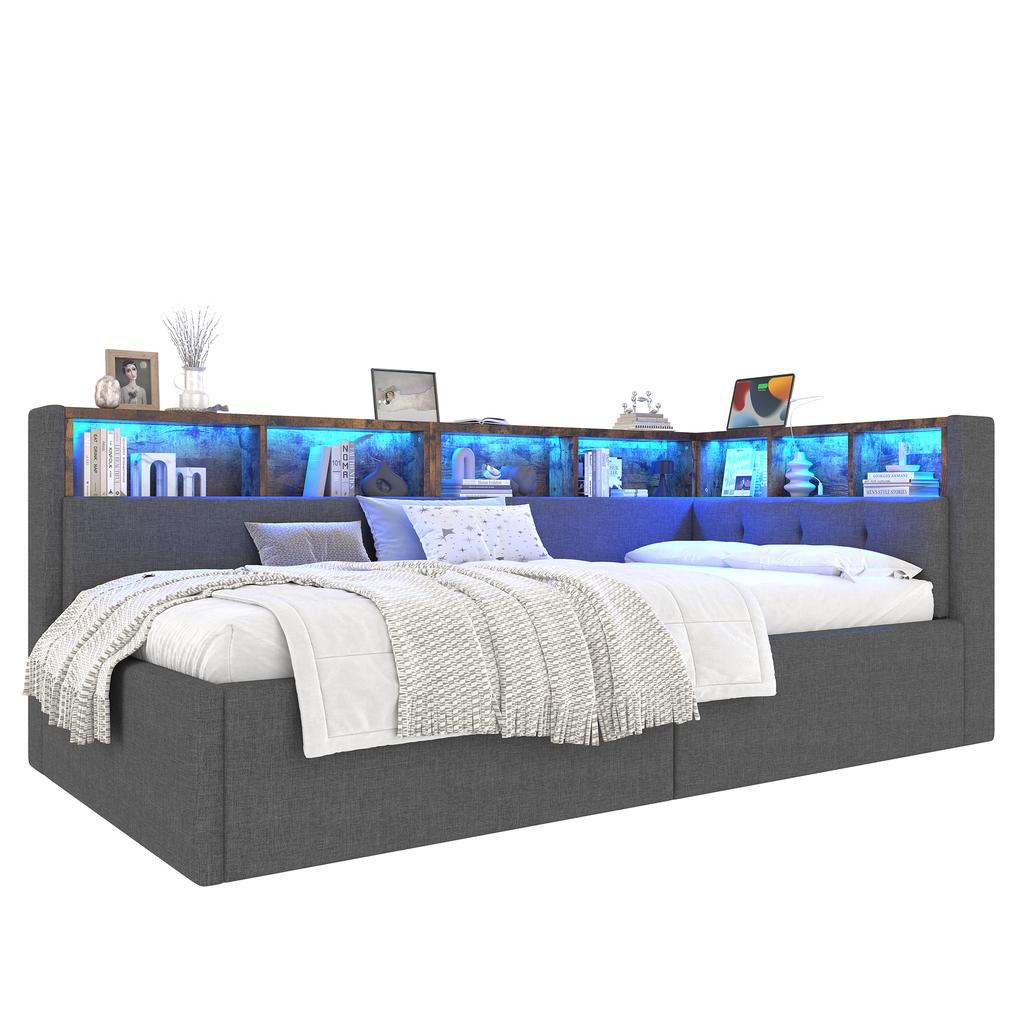 Daybed, Sofa Bed, 90 × 200 Cm, USB + Type-C Ports, Hydraulic Storage, Storage Compartments, Multicolor LED Strip Lighting, No Mattress, Linen, Gray