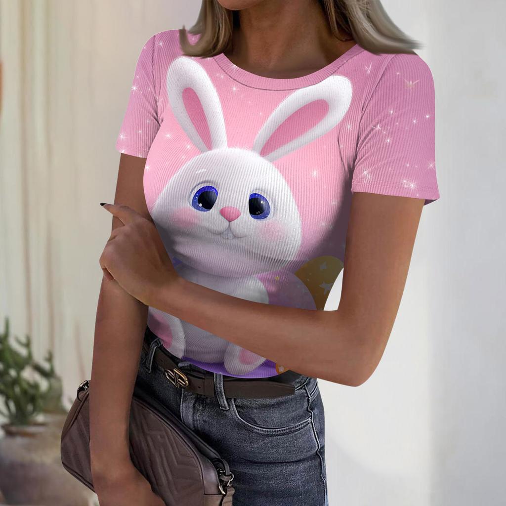 Women's Casual Fashion Round Neck Easter Print Short Sleeve Ribbed Top
