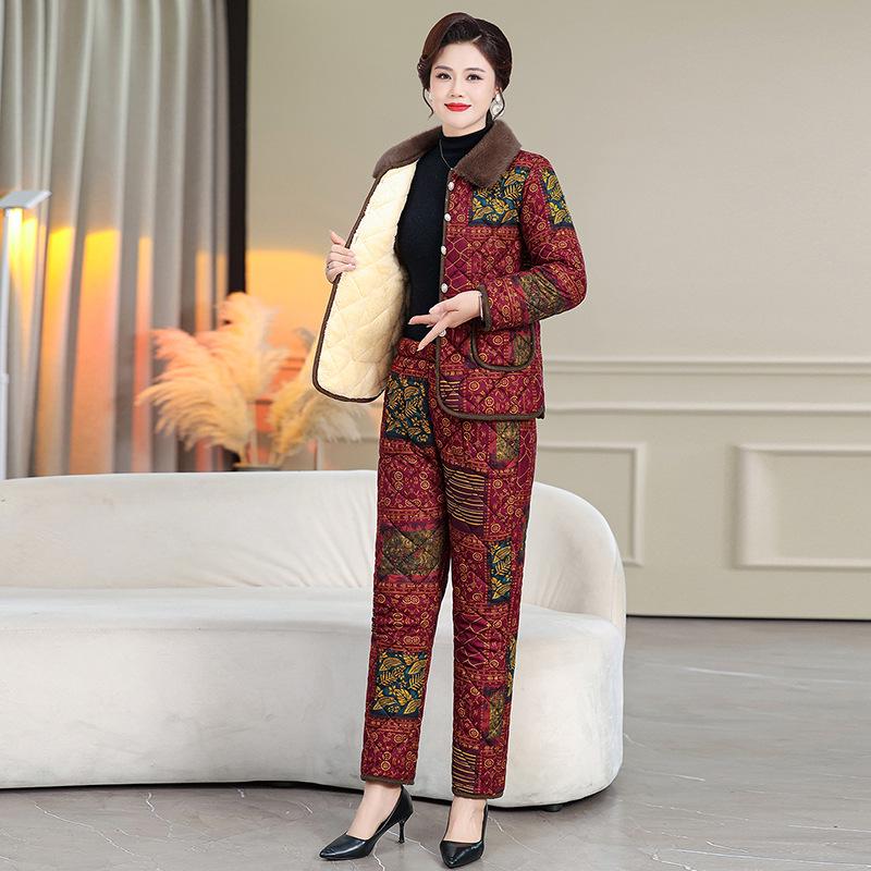 Velvet-Lined Winter Cotton Coat & Pants Set for Moms