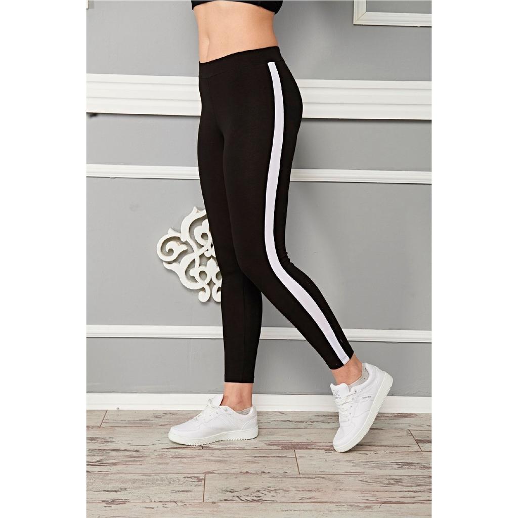 Women's Cotton Side White Striped Ankle Length King Size Lycra Sports Tights - 4902-4077