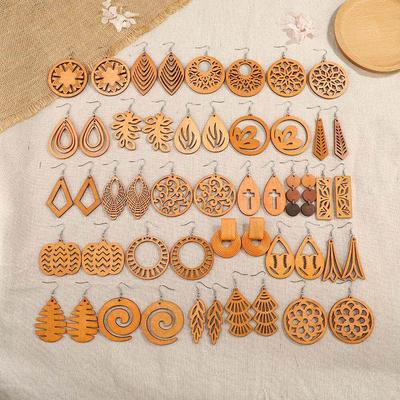 Europe and America Cross Border Personality Hollow Out Brown Wood Earrings Women's Fashion All-Match Geometric Popular Earrings Women