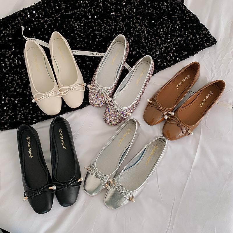 Cowhide version of the same style, Frida girl~ Classic square head bow shallow mouth exquisite pearl ballet leather shoes