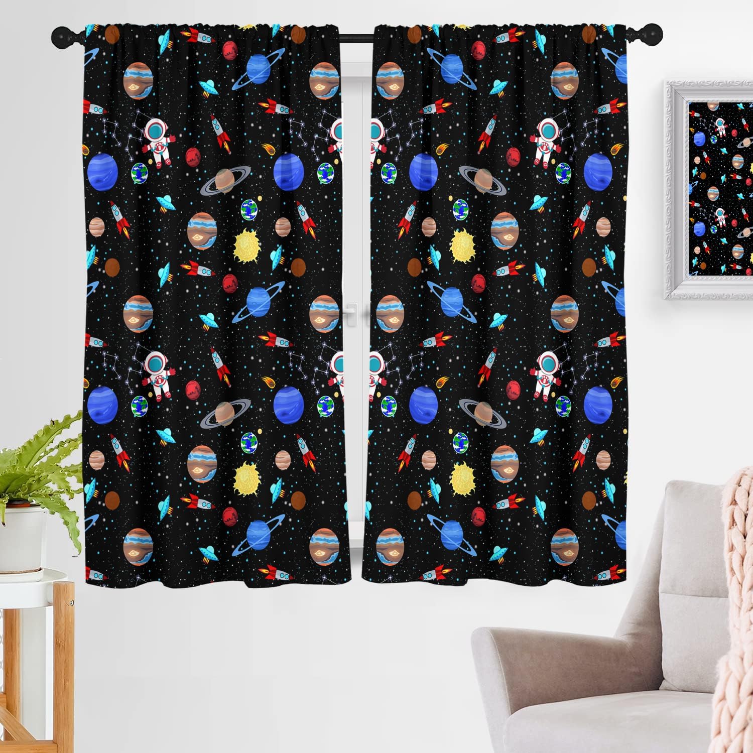 Kids Boys Window Curtain Long Galaxy Outer Space Playroom Spaceman Planets Theme Solar System Astronaut Blue Cartoon For Bedroom 53x116CM-2PC