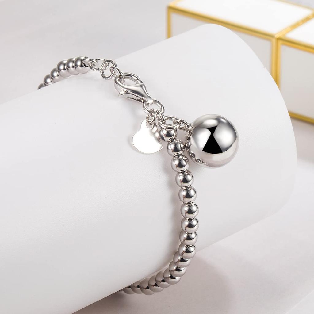Mode Frauen 925 Sterling Silber Armreifen Sterling Silber Runde Perlen Armband Minimalist Glocke und Herz Anhänger Gebetsperle Gliederkette Armband Männer