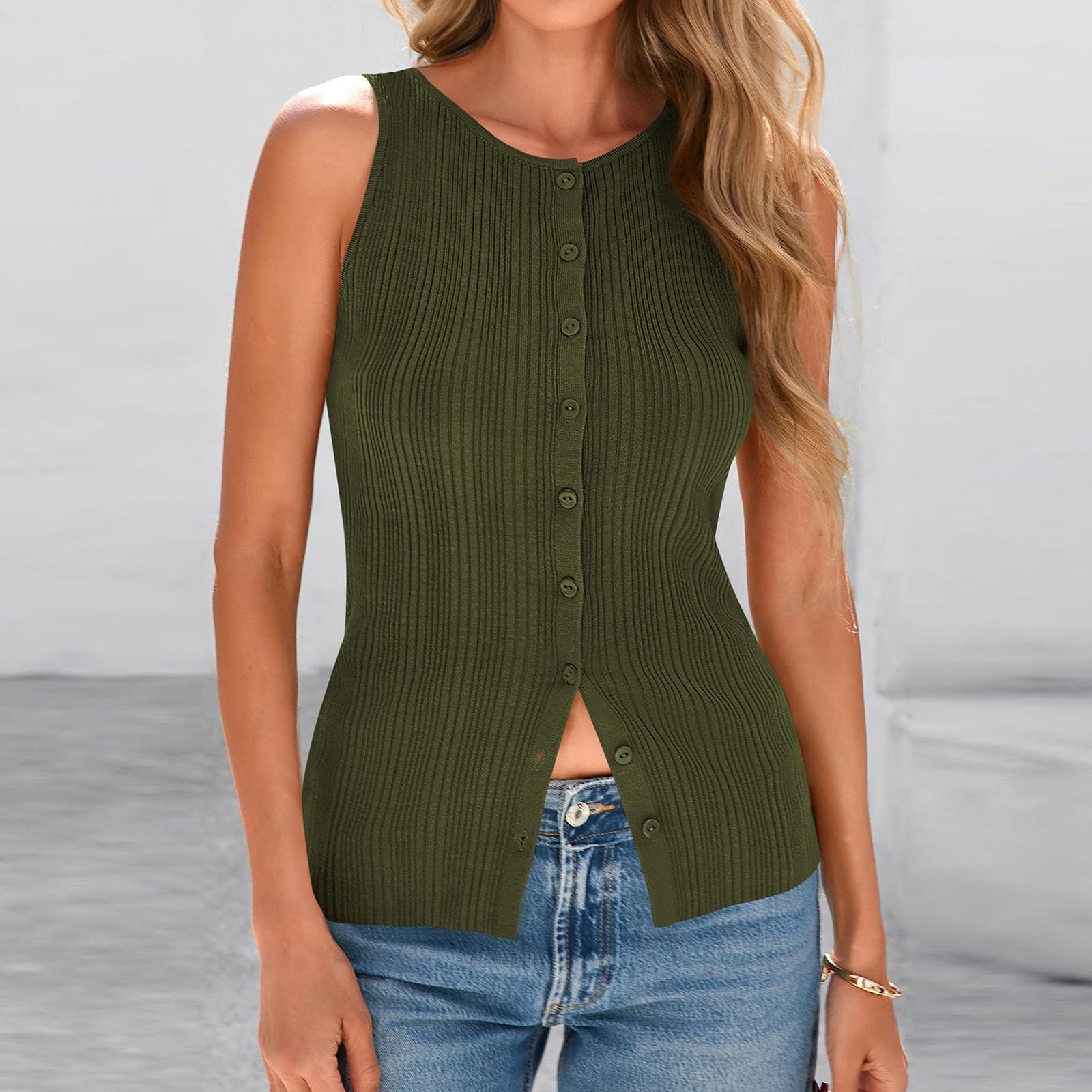 

Женская Мода Повседневный Однотонный Сексуальный Безрукавный Топ-Футболка с Пуговицами L