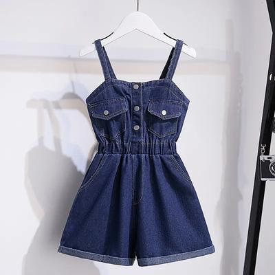 Girls Foreign Flavor Denim Overalls Shorts Summer New Children's Waist Denim Overalls Baby Fashionable Wide Leg Curled Overalls