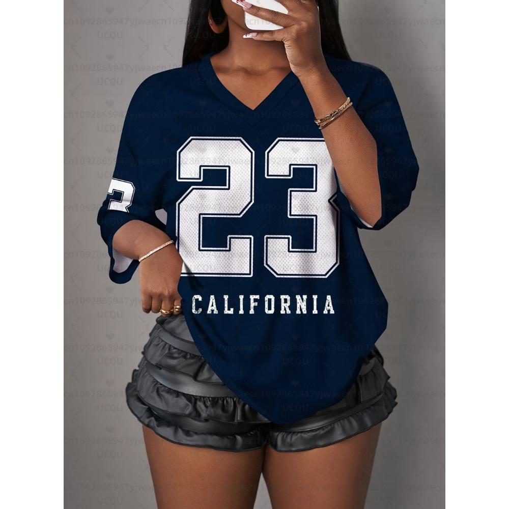 Women's California NO.23 Print V-Neck Short Sleeve T-Shirt Summer Graphic Tee Hole Mesh Jerseys Plus Size Sport T-Shirt