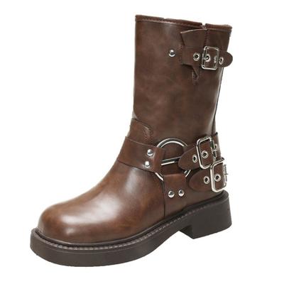 Classic Chunky Women'S Mid-Calf Motorcycle Boots Street Punk Style Woman Autumn Winter Brown Leather Short Boots Botas Mujer