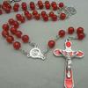 QIGO Transparent Red Glass Beads Rosary Necklace Metal Cross Catholic Jewelry