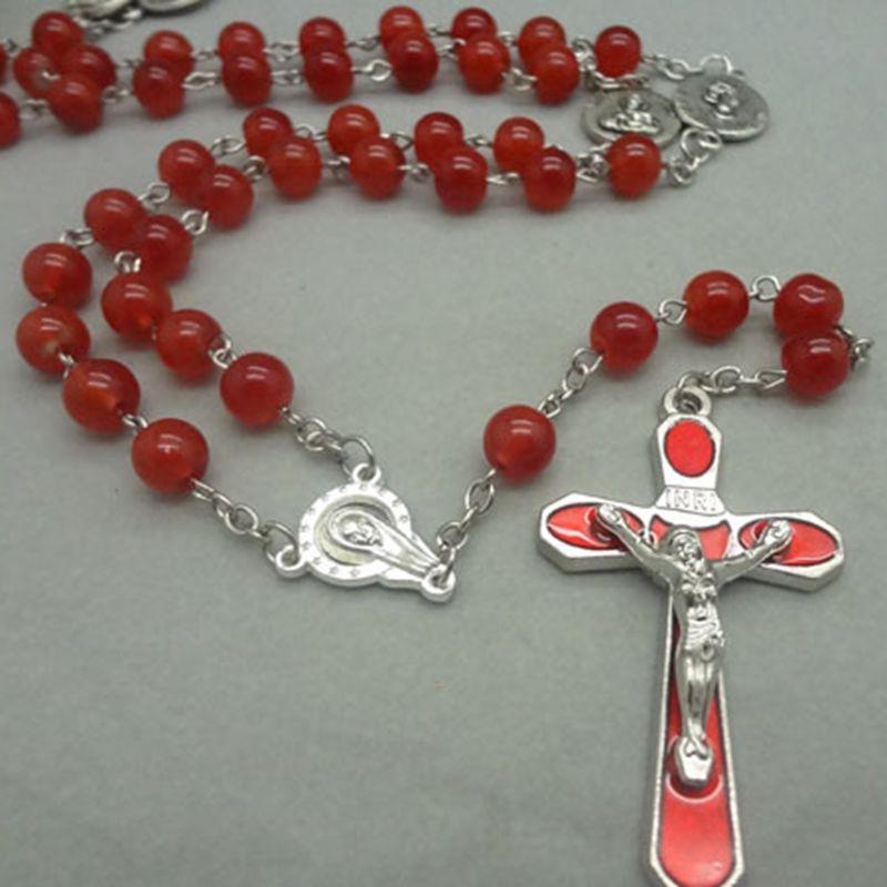 QIGO Transparent Red Glass Beads Rosary Necklace Metal Cross Catholic Jewelry
