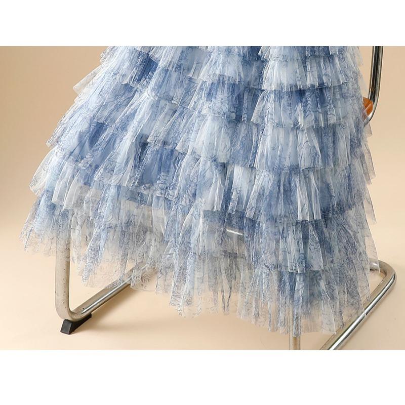 DIMANAF 2025 Summer Women Skirts Vintage Elastic Pleated Elegant Long Skirts New Lace Blue High Waist