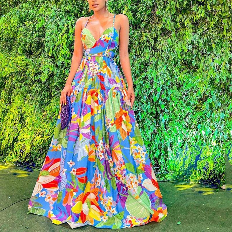 European and American-Style Holiday Floral Print off-Shoulder Dress