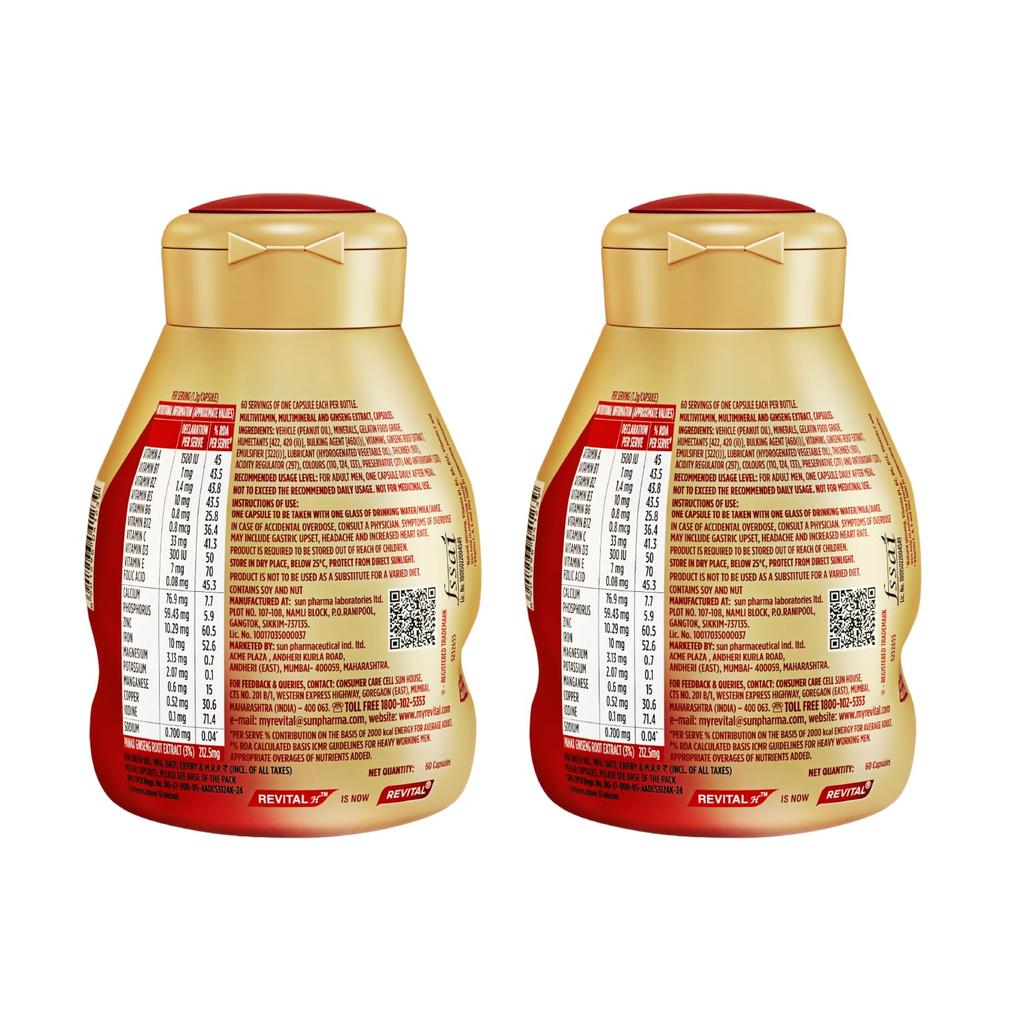 REVITAL H Multivitamin For Men 60 Capsules Pack Of 2 With Ginseng Zinc Vitamins Minerals Energy Stamina