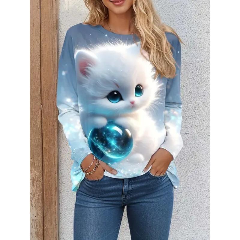 Round Neck 3D Cat Printed Top Casual Long Sleeved Women's T-shirts - Soft Medium Stretch Polyester Fabric Spring and Autumn Relaxed Fit Clothing