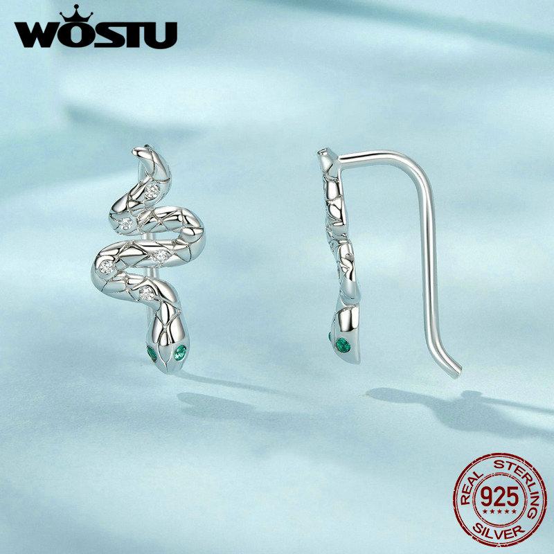 WOSTU 925 Sterling Silver Vintage Snake Ear Cuffs Ear Clip Earrings Shiny CZ Animal Ear Studs Party Wedding Jewelry Punk Gift