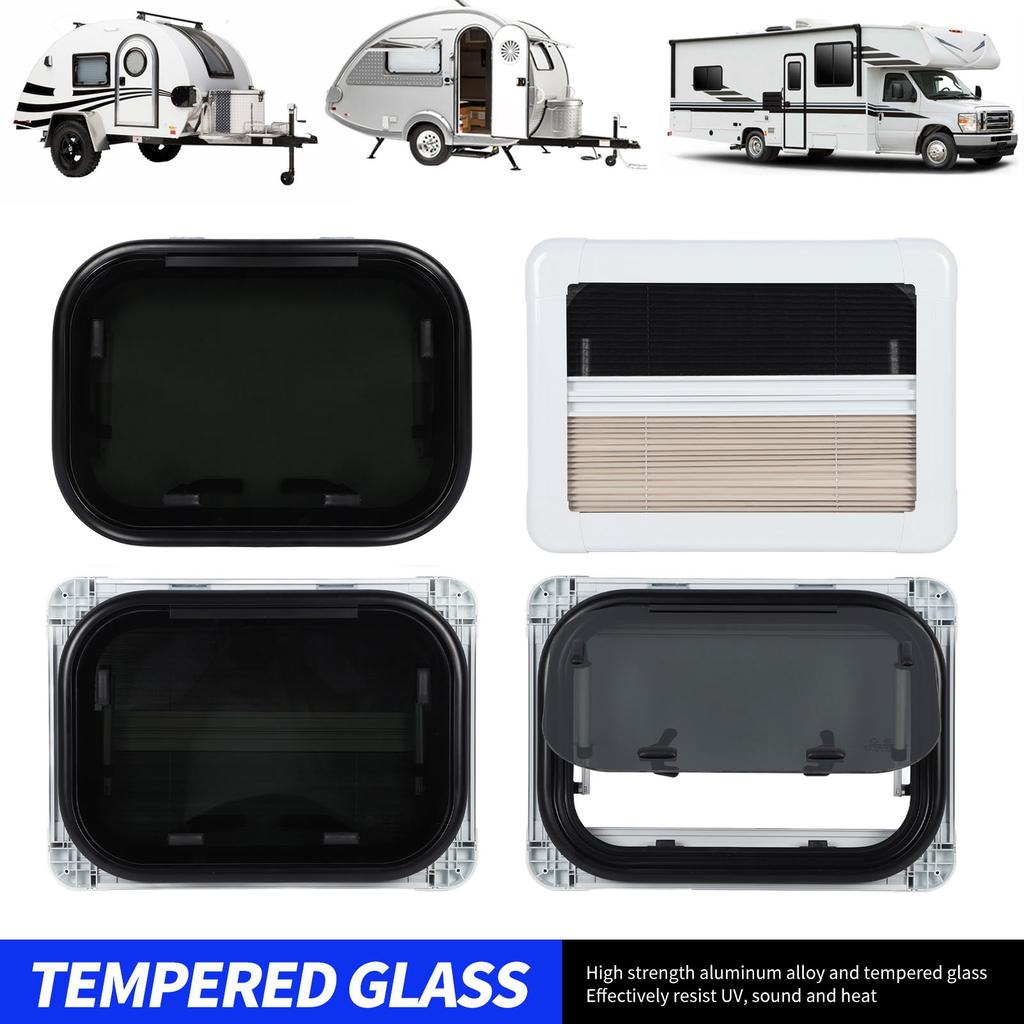 20x12In RV Window Tempered Glass UV Resistant Push Out Window with Support Rod and Sunshade Curtain for Campers Caravan Trailer