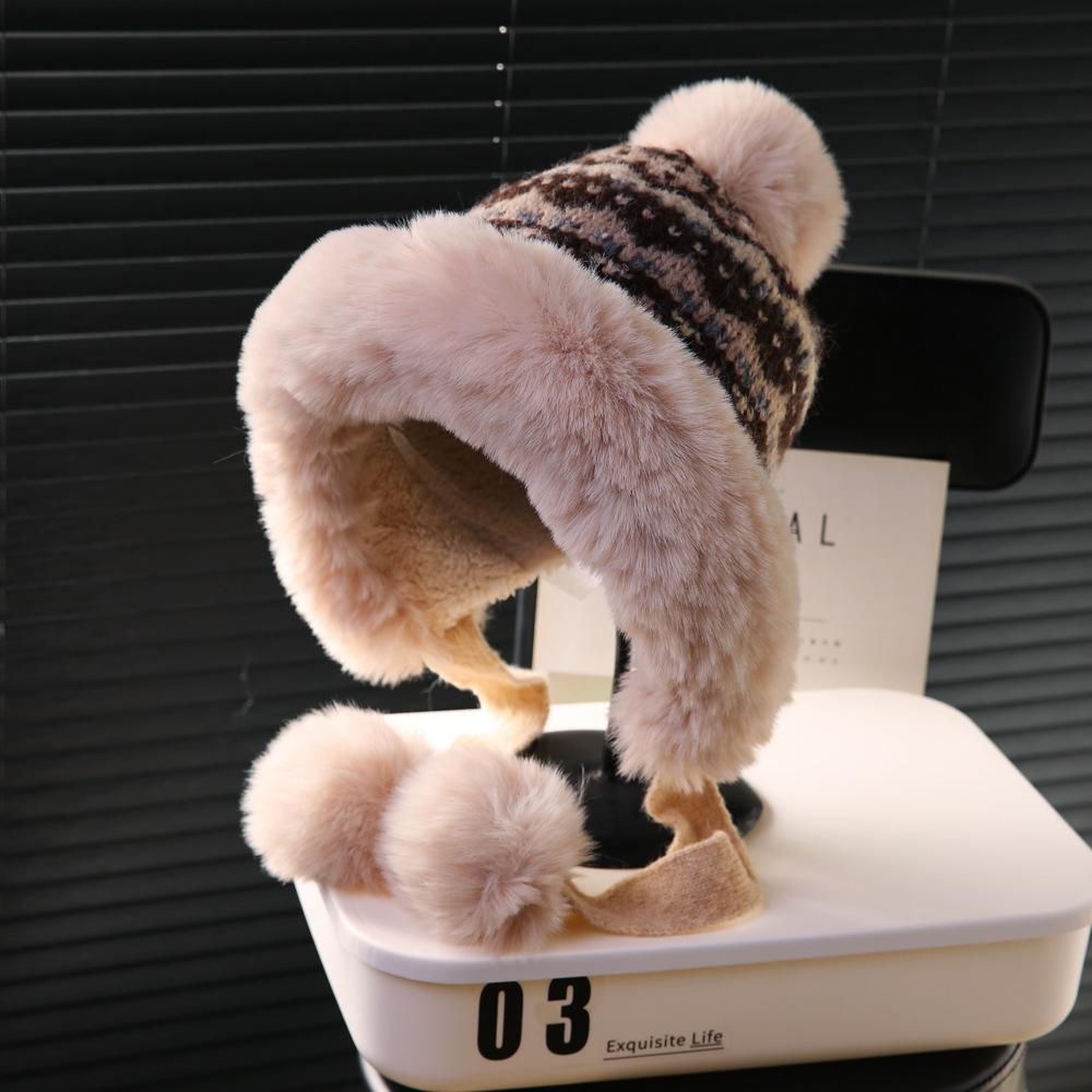 Fair Island contrasting color knitted wool hat women's season versatile big head circumference showing face small ear protection warm pullover hat