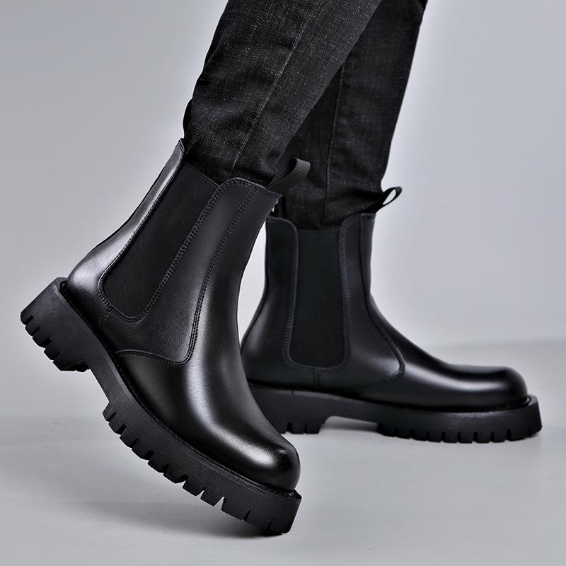 Trendy Men's Elastic Sock-Fit Chunky Sole Boots, Round Toe High-Top Martin Style, Inspired by Xiaohongshu Live Broadcast.