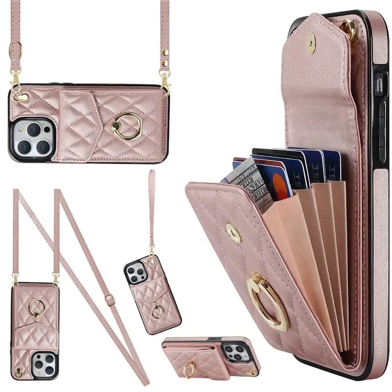 Crossbody Lanyard Leather Wallet Card Phone Case for iPhone 17 Air 16E 16 15 Pro Max 14 Plus 13 12 11 X XS XR Ring Flip Cover