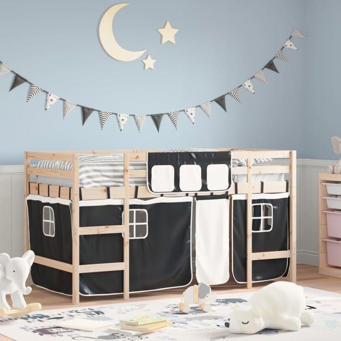 VidaXL Lit Mezzanine Enfants et Rideaux, Lit Surélevé pour Enfants avec Échelle, Meuble de Rangement Chambre, Moderne, Blanc 3206955
