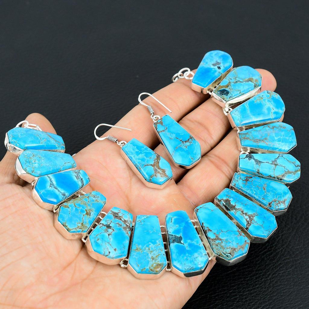 Bohemian Blue Turquoise Statement Necklace and Earrings Set Handmade Silver Plated Jewelry Set for Women Ethnic Tribal Style Jewelry