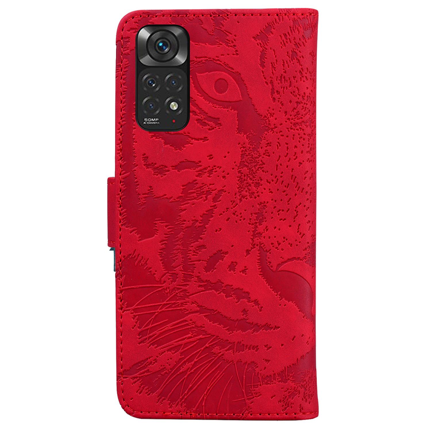 

For Xiaomi Redmi Note 11S 4G/Redmi Note 11 4G (Qualcomm) Tiger Pattern Imprinted Shockproof Wallet Case Magnetic Folio TPU Bumper Protector Cover Red