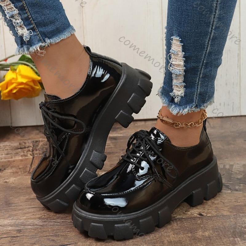Comemore Thick Bottom British Style Leather Shoes Women 2025 Autumn New Loafers Round Head Lace Up Casual Black Platform Pumps