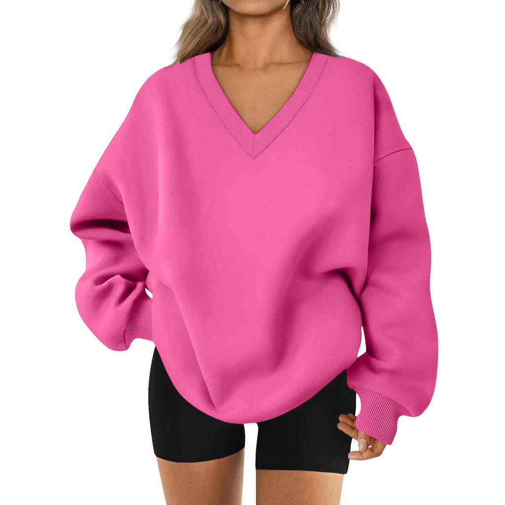 Sudadera de manga larga con cuello en V y color liso para mujer