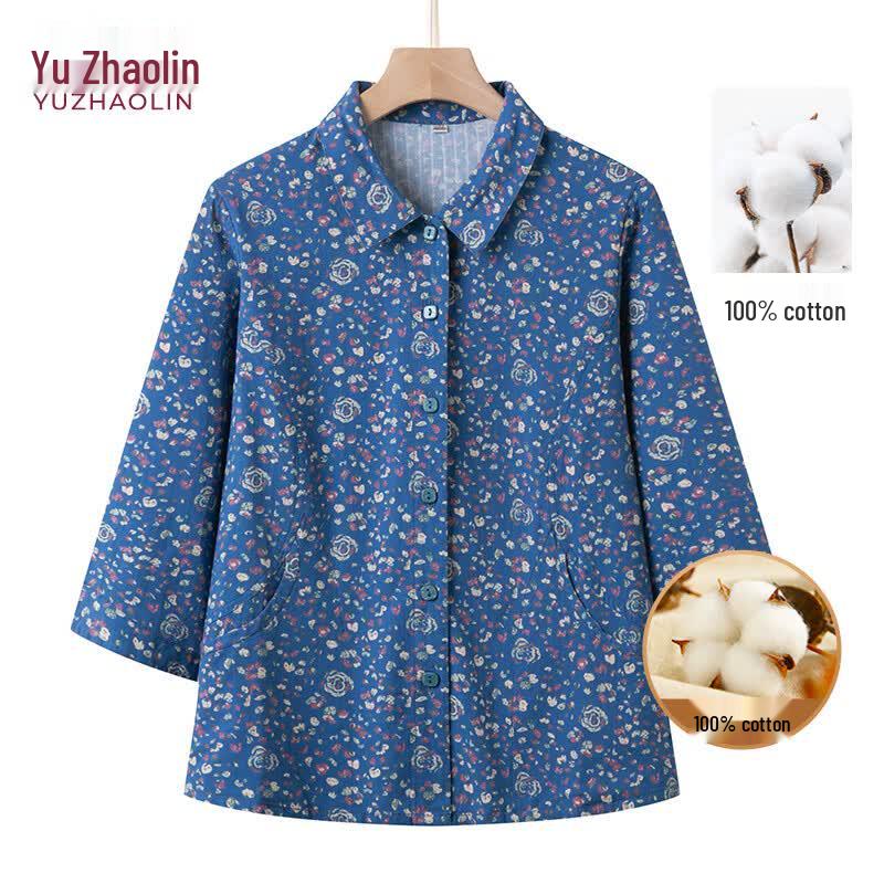 YUZHAOLIN Women s Pure Cotton 3/4 Sleeve Summer Floral Shirt XL