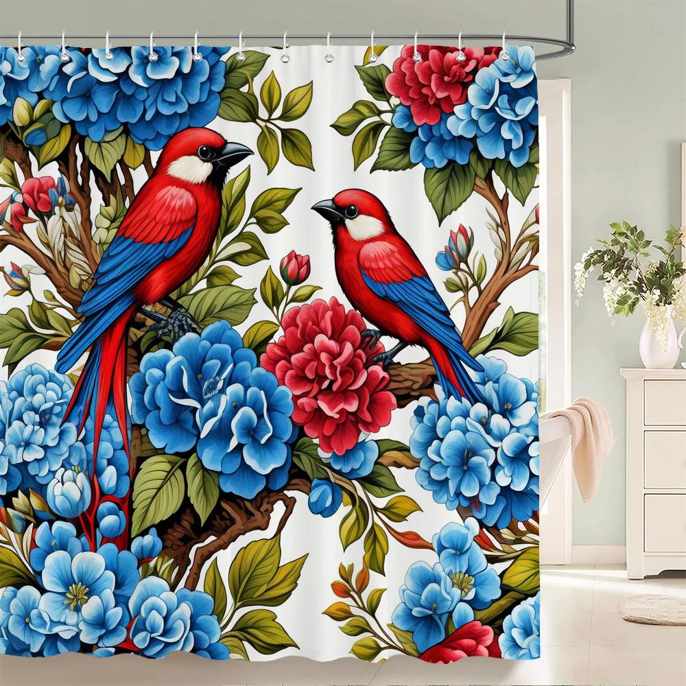 

1PC Watercolor Floral and-bird Printed Shower Curtain with Hooks - Design Chic leaves Flowers Bathroom Curtain Home Decoration W90xH180cm