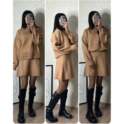 Set da Donna Primaverile e Autunnale Tinta Unita Casual Stile College Felpa a Maniche Lunghe Lavorata a Maglia + Gonna Corta Set Due Pezzi