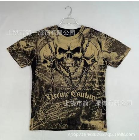 Summer Men's Fashion Skull Letter Printing Trend Slim Fit Casual 3D Digital Printing Short Sleeve Top