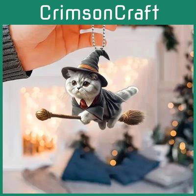 Flat Acrylic Surface Pendant With Magical Cat Riding Broom Design Decor For