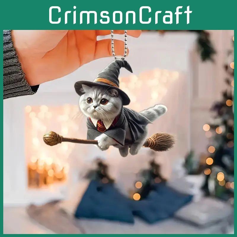 Flat Acrylic Surface Pendant With Magical Cat Riding Broom Design Decor For