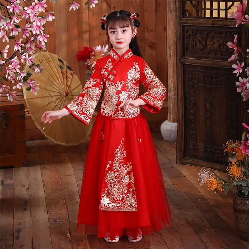 Dievčenské slávnostné šaty Hanfu na Nový rok - Jesenné/zimné zhrubnuté čínske čongsam & oblek Tang