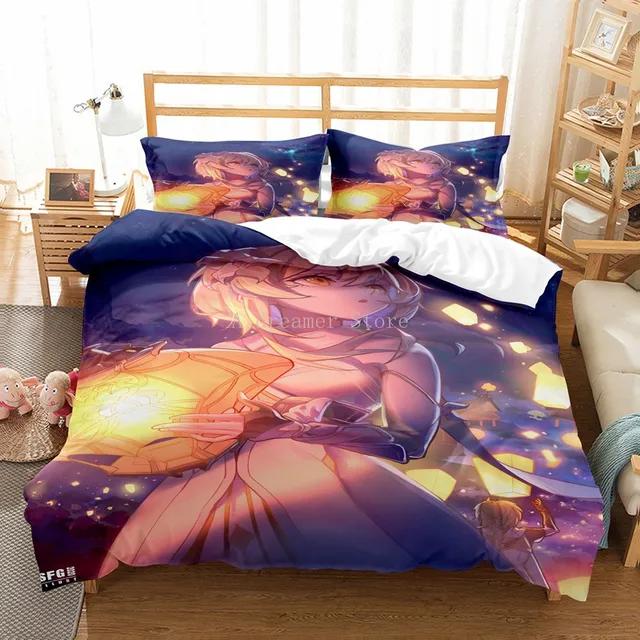 Genshin Impact Bedding Set For Kids Teens Boys Girls Game Duvet Cover With Pillowcase Microfiber Bedclothes Cartoon Bed Linen