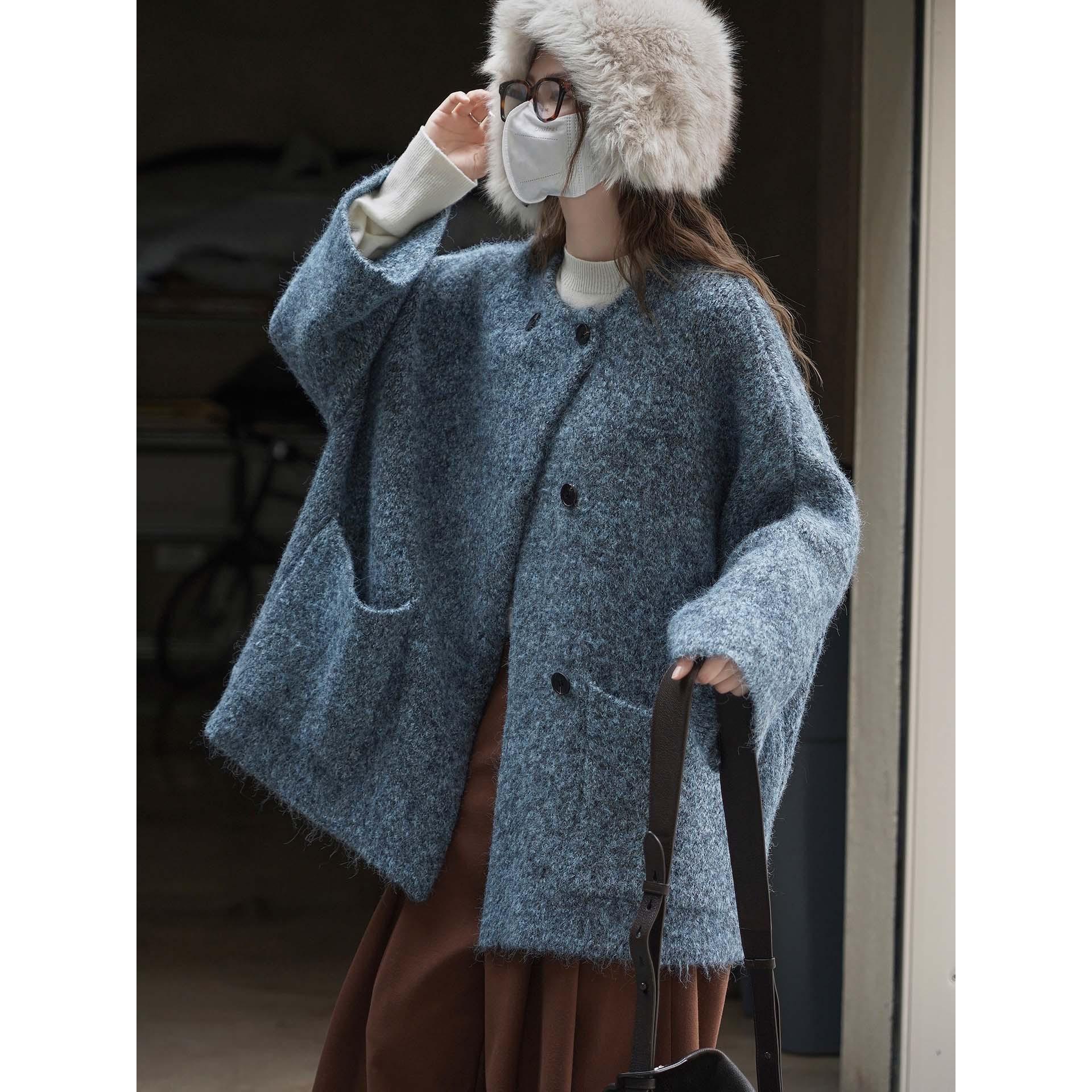 

Johnature Кардиган в корейському ретро-стилі, лінивий, з круглим вирізом, з кишенями, в язаний, зимовий, повсякденний, універсальний, вільний жакет для жінок One Size синій