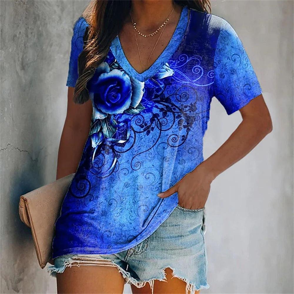 Fashion V-Neck Short Sleeve Colorful Tassels Print T-Shirts Summer Casual Elegant Women's Large Size T-Shirts