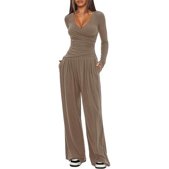 Women's 2 Piece Lounge Sets V Neck Long Sleeve Top And Wide Leg Pants Set Spring Autumn Casual Outfits