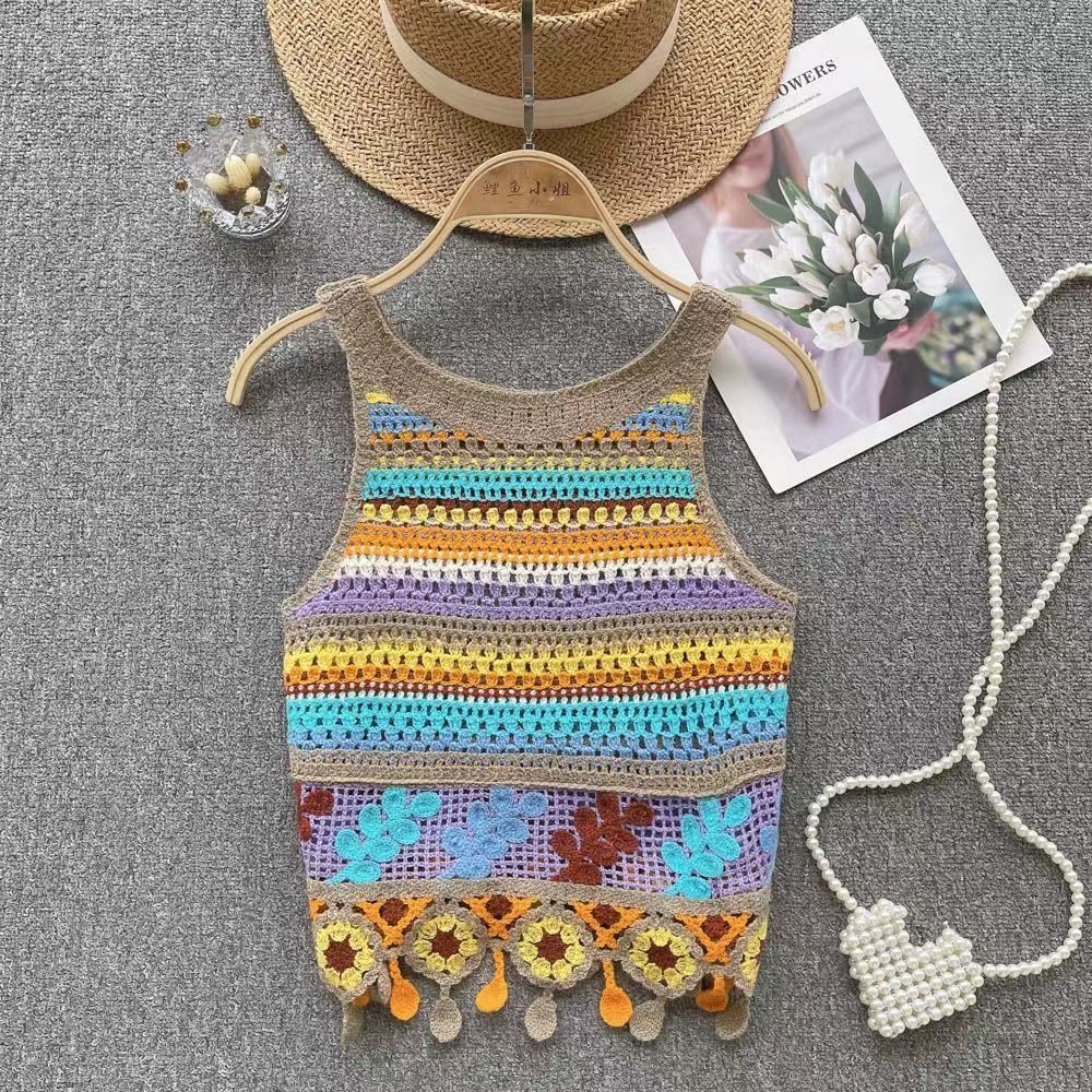 

Rainbow Tassel Knitted Vest Stripe Ethnic Style Sling Sweet Embroidery Flower Camisole Cool Girl хаки