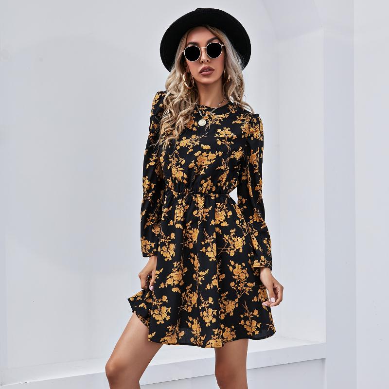 Elegant Women Floral Dress Autumn Long Sleeve High Waist Slim Dresses Female Office Commuter Comfortable Wear Daily Casual Gown