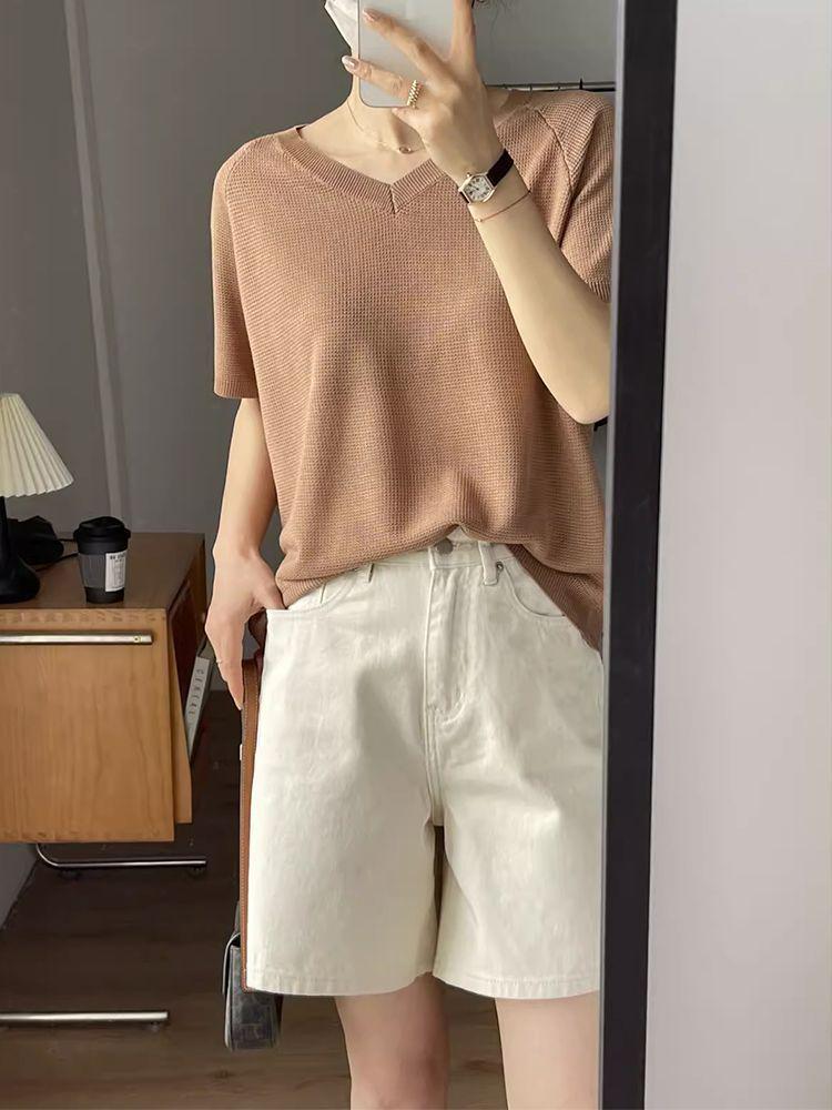 Women's High-Waisted Apricot Denim Shorts, Plus Size, Loose, Slimming, Wide-Leg, Summer 2025 Collection