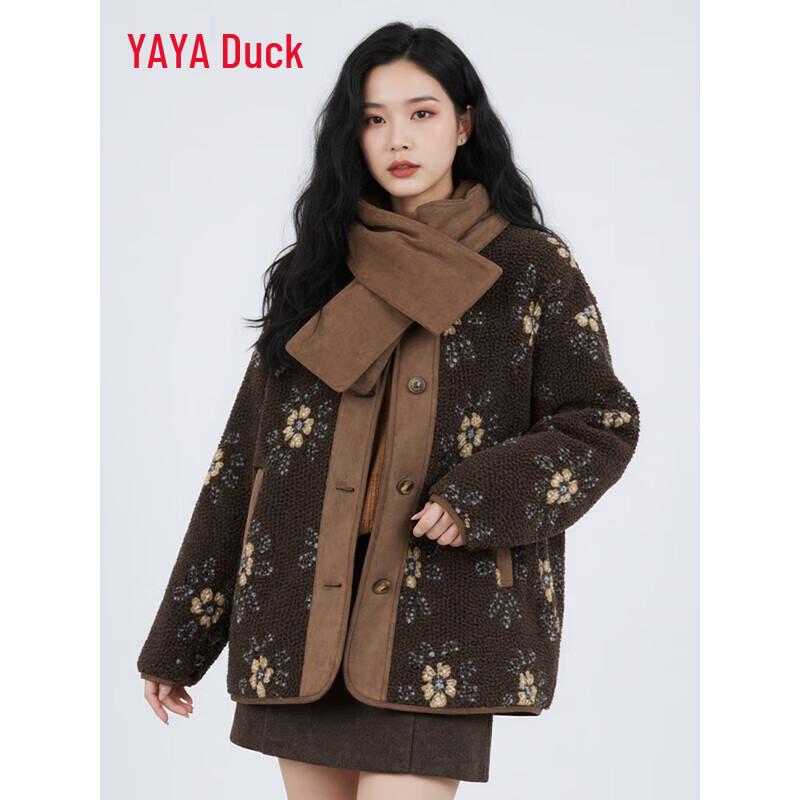 

YAYA Women s Floral Fleece-Lined Short Down Jacket M