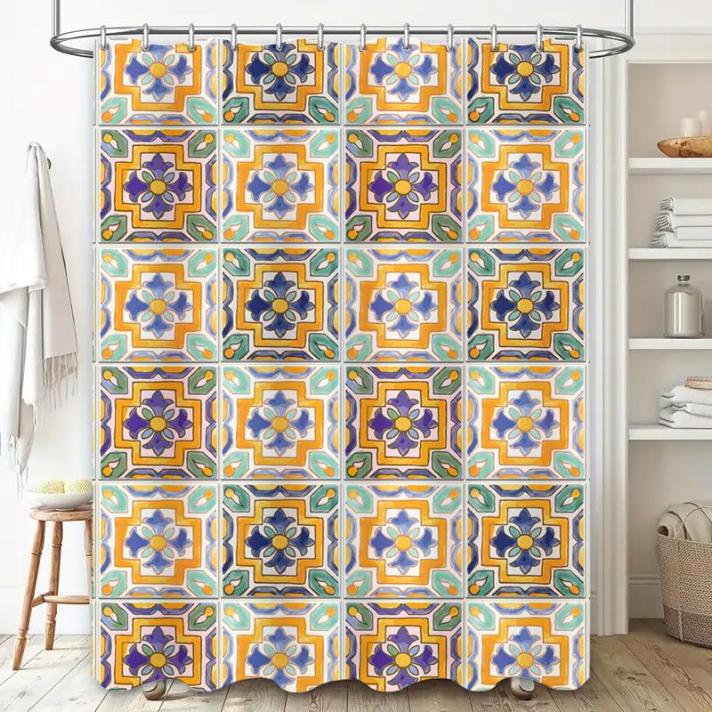 Modern Floral Shower Curtain Set Waterproof Bath Decor with Printed Flowers in Orange Blue Perfect for Home Bathroom Renovations