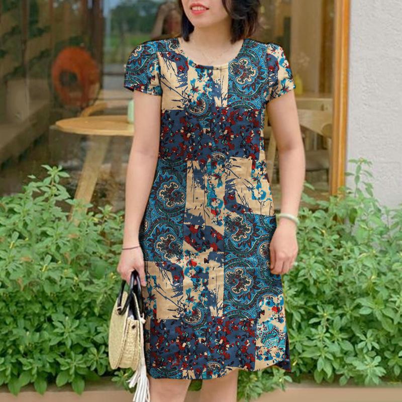 

ZANZEA Женские платья с короткими рукавами и карманами, напечатанные на пуговицах 5XL синий