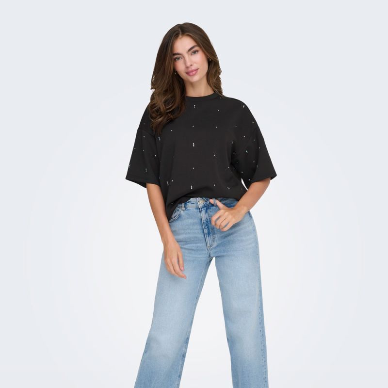 Tee shirt noir col rond manches 3/4 avec strass blancs Femme ONLY
