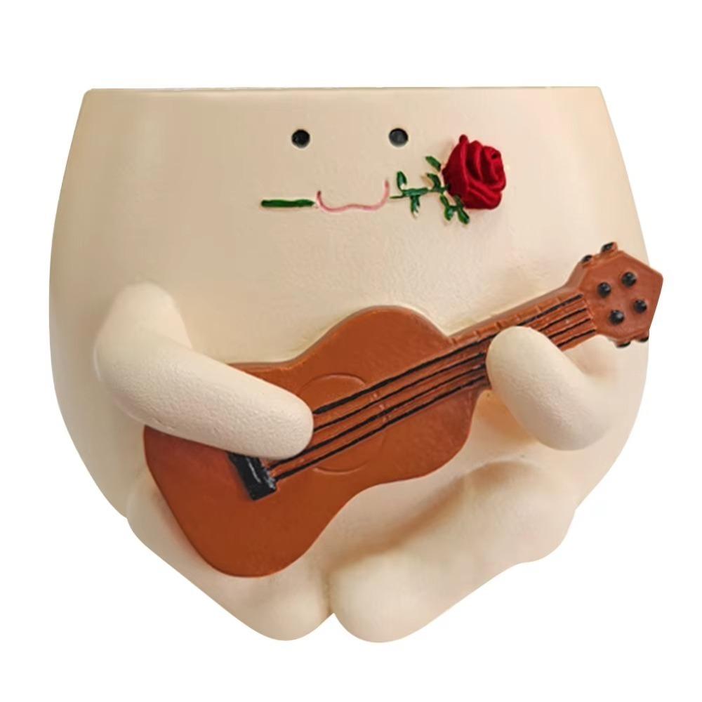 Cartoon Ukulele Flower Pot Cute Smile Face Planter Pot  For Indoor Outdoor Plant