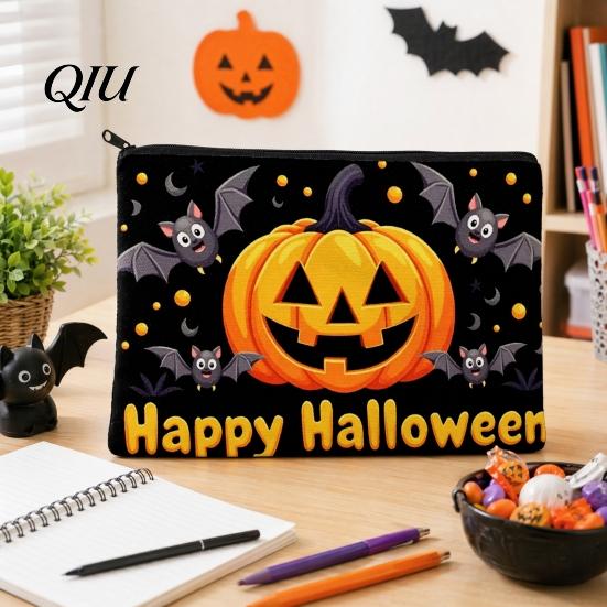 Festive Pumpkin Print Bag Halloween Storage Bag, with Ghost Pattern Design, Thickened Pencil Case Canvas Cosmetic Organizer, for Travel Stationery