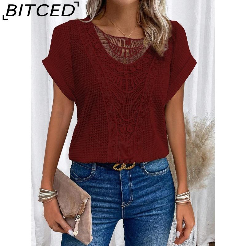 BITCED Women's Spring/Summer Lace-Patchwork Short-Sleeve T-Shirt